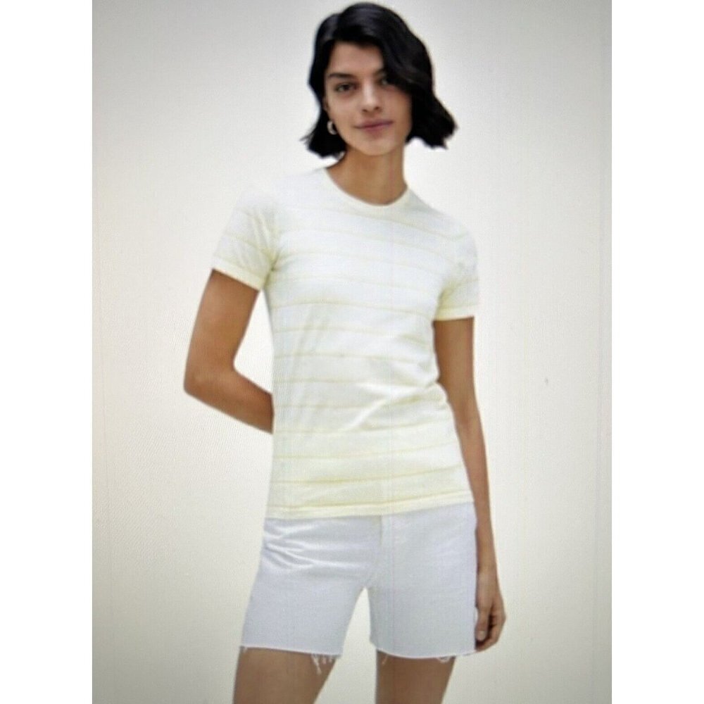 Everlane Fitted Tee Organic Cotton Short Sleeve Crew Neck Yellow Double Stripe L